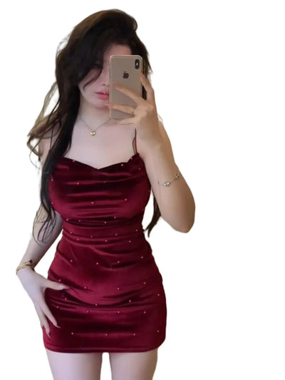 Velvet Suspender Dress for Women Spring Hip-pack Skirt Bright Diamond Splicing Inner Skirt