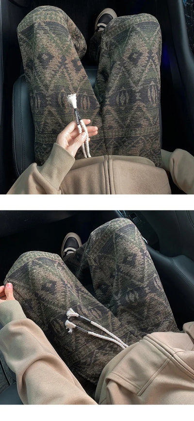 Wide leg pants Men's Vintage Geometric Knitted jacquard pants Casual Straight  Pants Ethnic Tribal Style Winter Trousers man