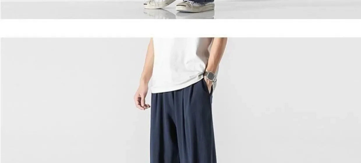 Summer Large Size Linen Cotton Wide Leg Pants Men Casual Comfortable Loose Fit Straight Leg Trousers Long Pants