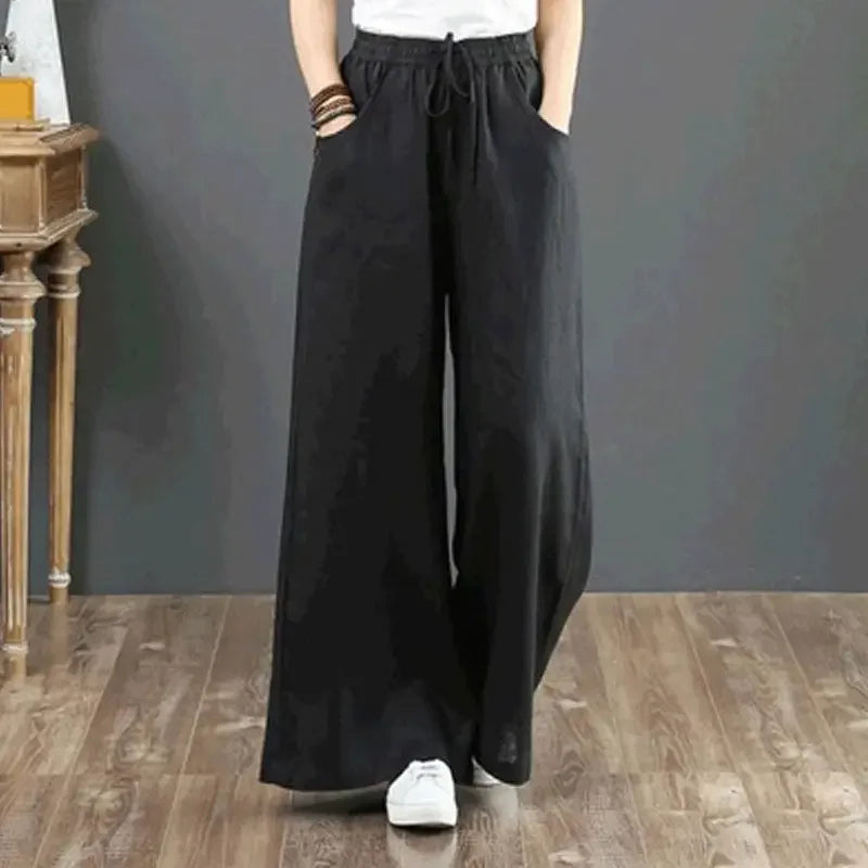 Wide-leg Pants Spring Casual Women's Versatile Loose Cotton Linen High-waist Drawstring Straight Trousers