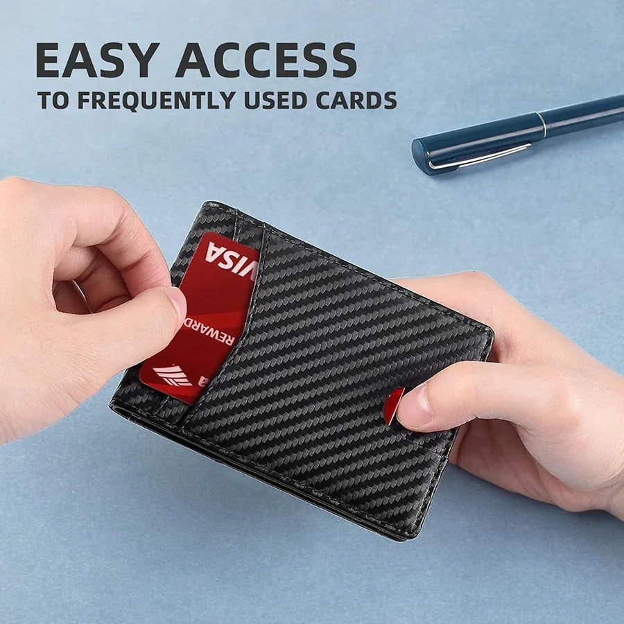 Slim black synthetic leather RFID card holder wallet with red carbon fiber accents