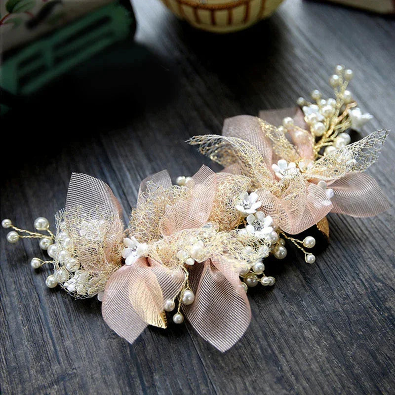 New Trendy Flower Hair Jewelry Gold Pearl Handmade Bridal Wedding Headband Rhinestone Hairband Women Hair Accessories Ornaments