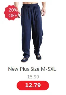 Wide leg Pants Men Streetwear Baggy Loose Pants M-8XL Plus size Ankle length Trousers cotton linen pants Black white khaki