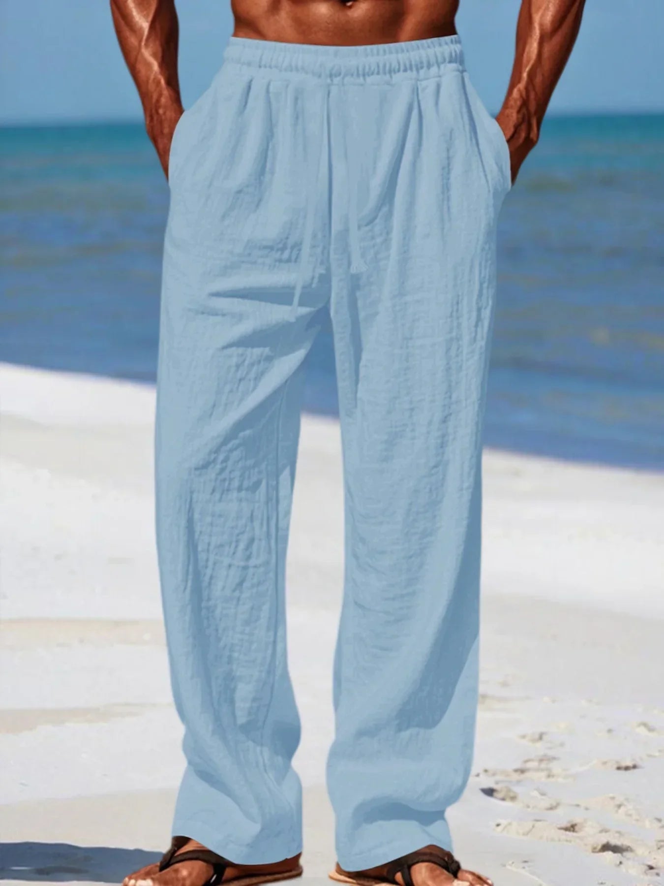 Men's Beach Pants Breathable Loose Straight Trousers Male Summer Casual Solid Color Streetwear Drawstring Long Pants