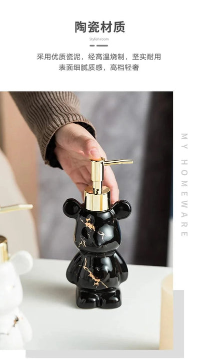 Luxury Marbling Bear Shape Ceramics Soap and Gel Dispenser Creative Black White Empty Shampoo Bottle Bathroom Storage Accessorie