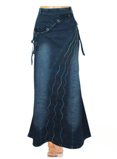 Long Skirt High Waist Vintage Print Women 2024 Autumn Temperament Patchwork Pocket Big Swing Female Denim Fishtail Skirts
