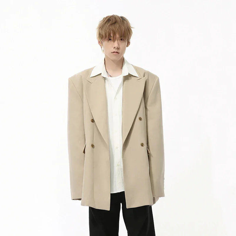 IEFB Korean Style Men's Blazers Double Breasted Shoulder Padded Tops Turn-down Collar Solid Color Loose Male Suit Jackets 9C8669