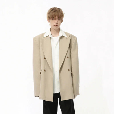 IEFB Korean Style Men's Blazers Double Breasted Shoulder Padded Tops Turn-down Collar Solid Color Loose Male Suit Jackets 9C8669