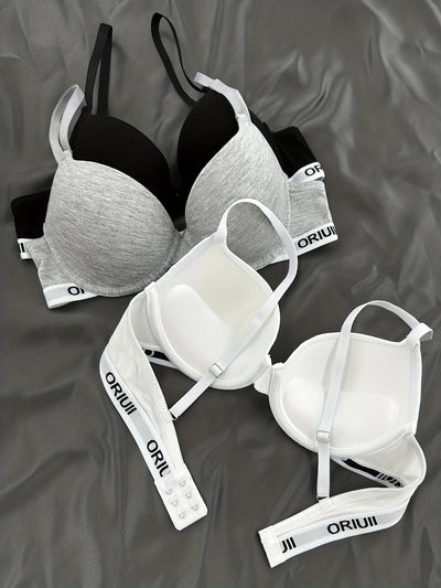 3 pieces of letter print sports bras, comfortable and breathable undergarments, women's underwear.