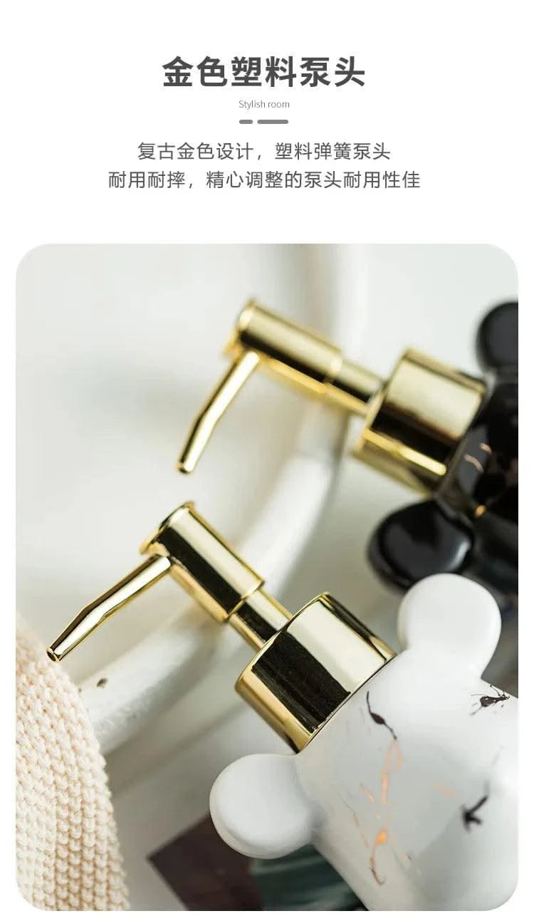 Luxury Marbling Bear Shape Ceramics Soap and Gel Dispenser Creative Black White Empty Shampoo Bottle Bathroom Storage Accessorie