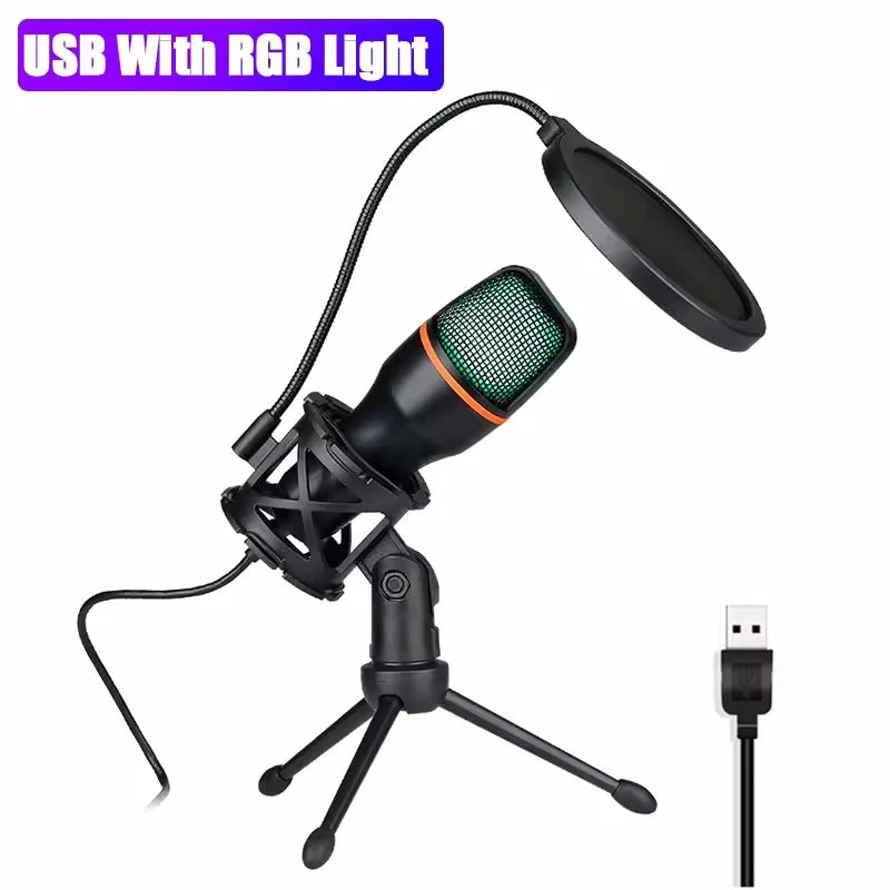 Condenser Microphone USB Wired For PC Laptop Computer Professional Gaming Accessories Kit Gamer Sound Live Streaming Podcast RGB