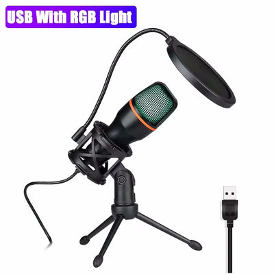 Condenser Microphone USB Wired For PC Laptop Computer Professional Gaming Accessories Kit Gamer Sound Live Streaming Podcast RGB