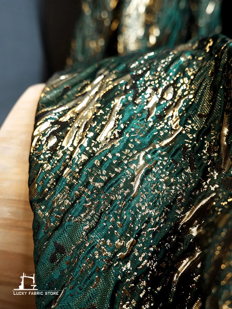 Super concave and convex texture, green-gold three-dimensional vein, jacquard texture, embossed fabric, Hanfu designer fabric