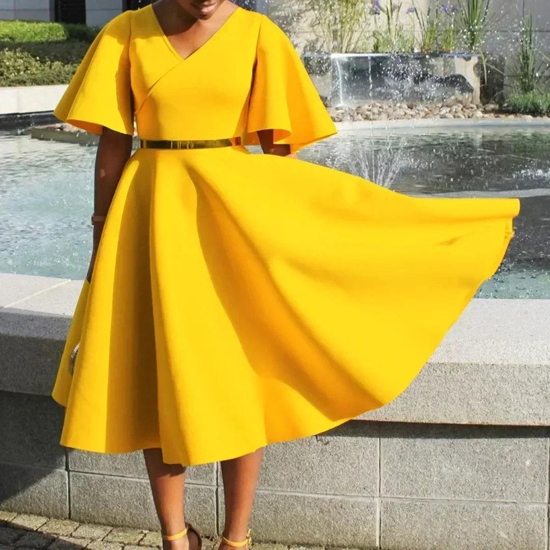 Elegant party dresses for women v neck ruffles sleeve high waisted pleated mid calf luxury birthday dinner vestidos