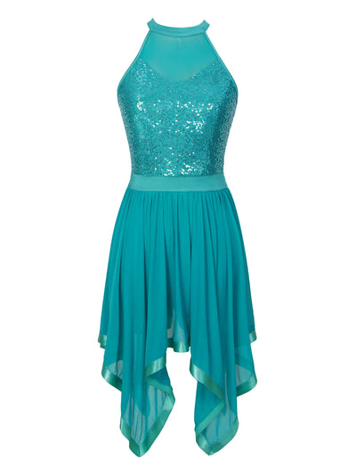 Elegant Ballet Leotards Dance Dress For Women Shiny Sequins Asymmetrical Hem Mesh Lyrical Dresses Prom Performance Costume