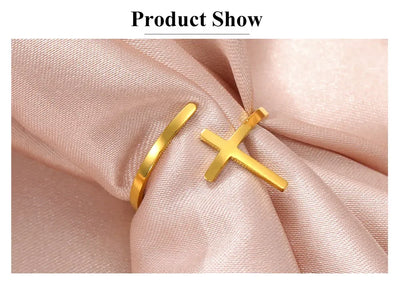Cazador Christian Cross Open Rings for Women Stainless Steel Christian Jewelry Adjustable Finger Rings Birthday Valentine Gift