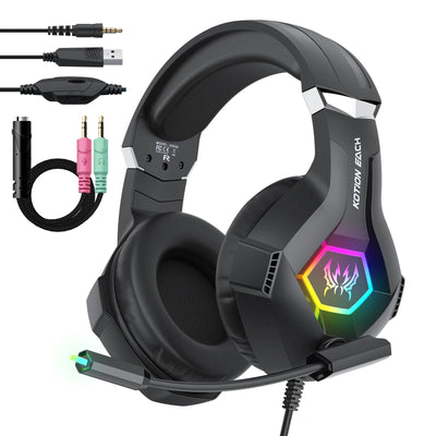 Wired Gaming Headset with Noise Cancelling Mic Compatible With PC PS4 PS5 Xbox Surround Sound RGB Light Over Ear Design