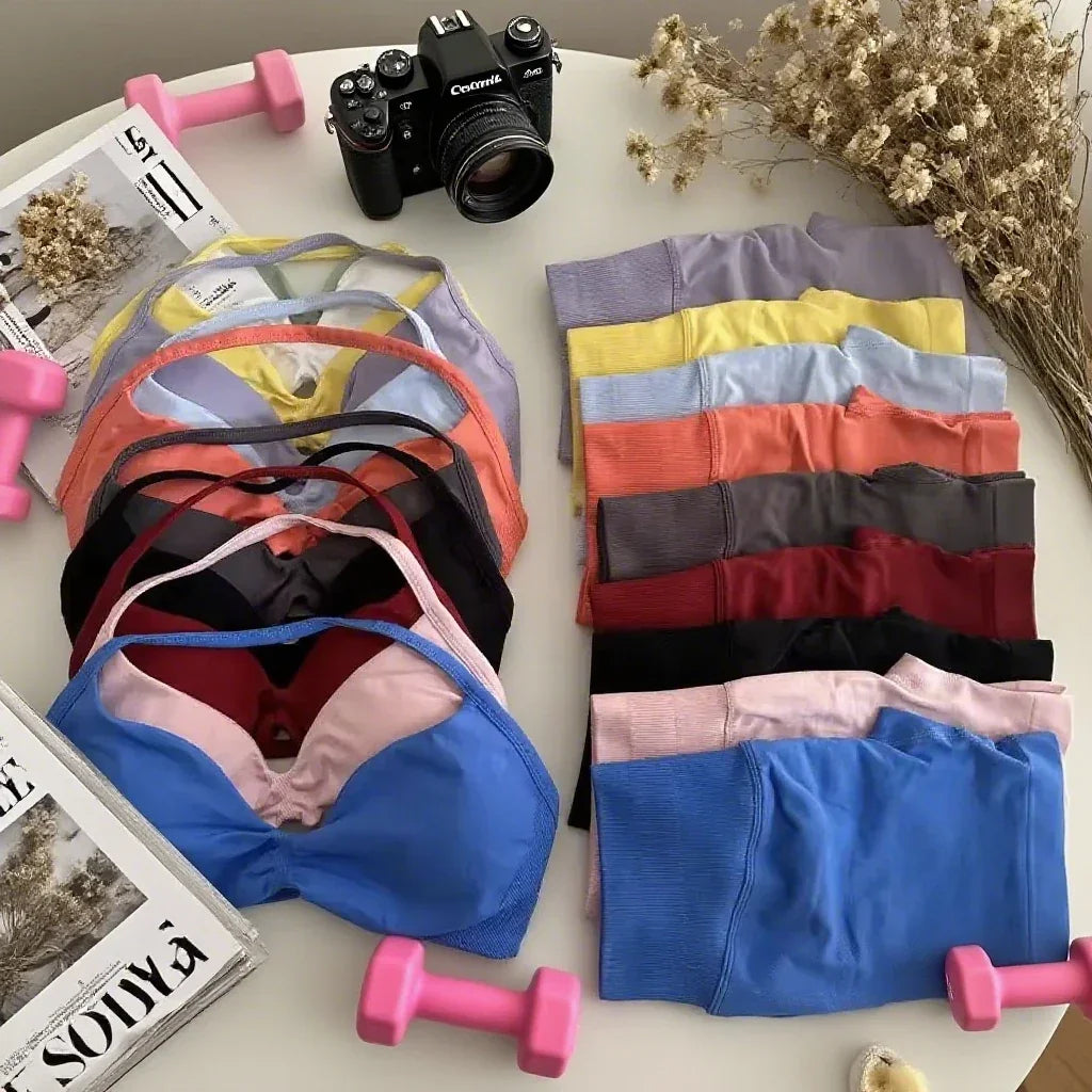 European American Ins 2025 2PCS Yoga Gym Set Women Seamless Yoga Bra High Waist Workout Scrunch Shorts Suit Fitness Sportswear