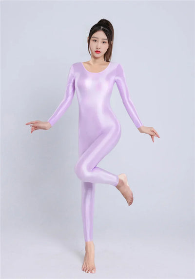 Women's Sexy Yoga Shaper Jumpsuit Dance SM Wear Oil Glossy High Elastic Long Sleeves Bodysuit Sheer Slip Satin Slimming Tights