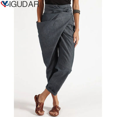 Women's Wide Leg Pants women Trousers Elastic Waist Cargo Casual Pants With Band Irregular lace up cropped pants ropa mujer