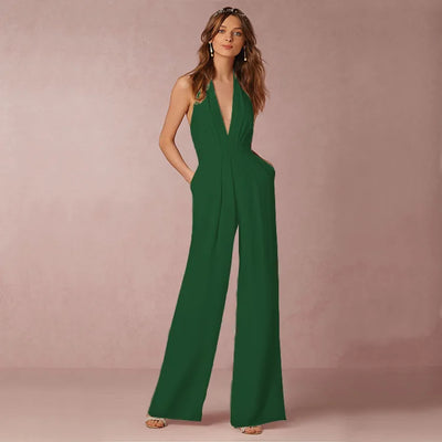 Spring And Summer Temperament Office Style Jumpsuit For Women Solid Color Sexy Deep V Backless Sleeveless Pocket Loose Jumpsuit