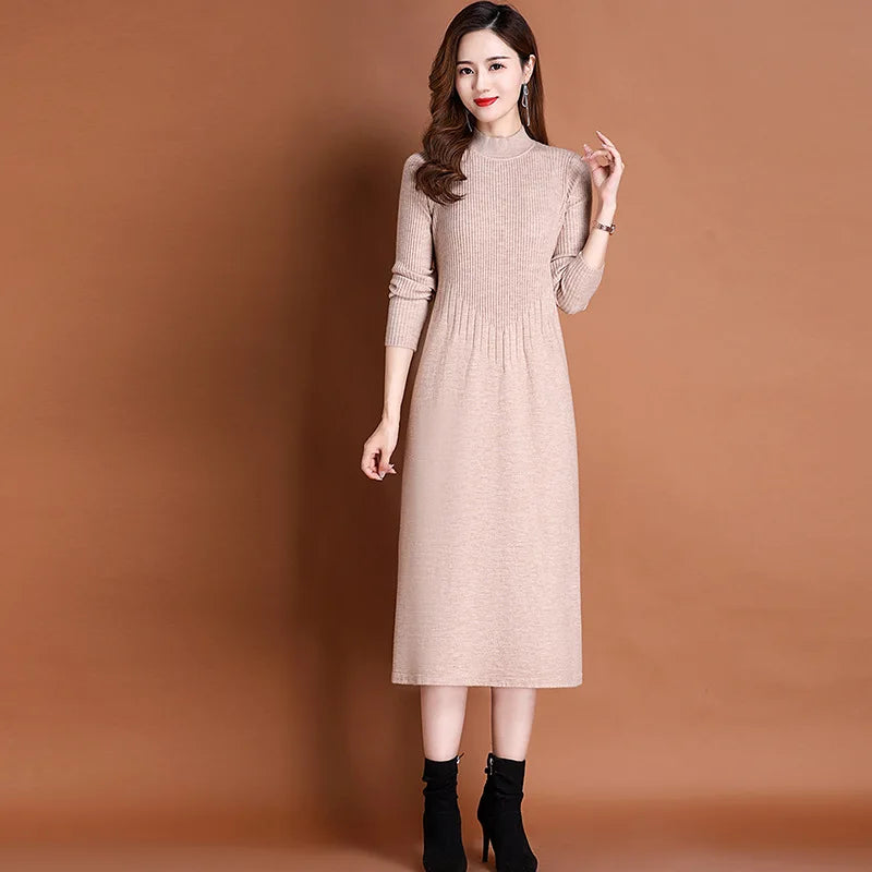 Knitted Sweater Dress for Women in Autumn Winter New Style with Coat Half Turtleneck Temperament Bottoming A-line Skirt Trendy