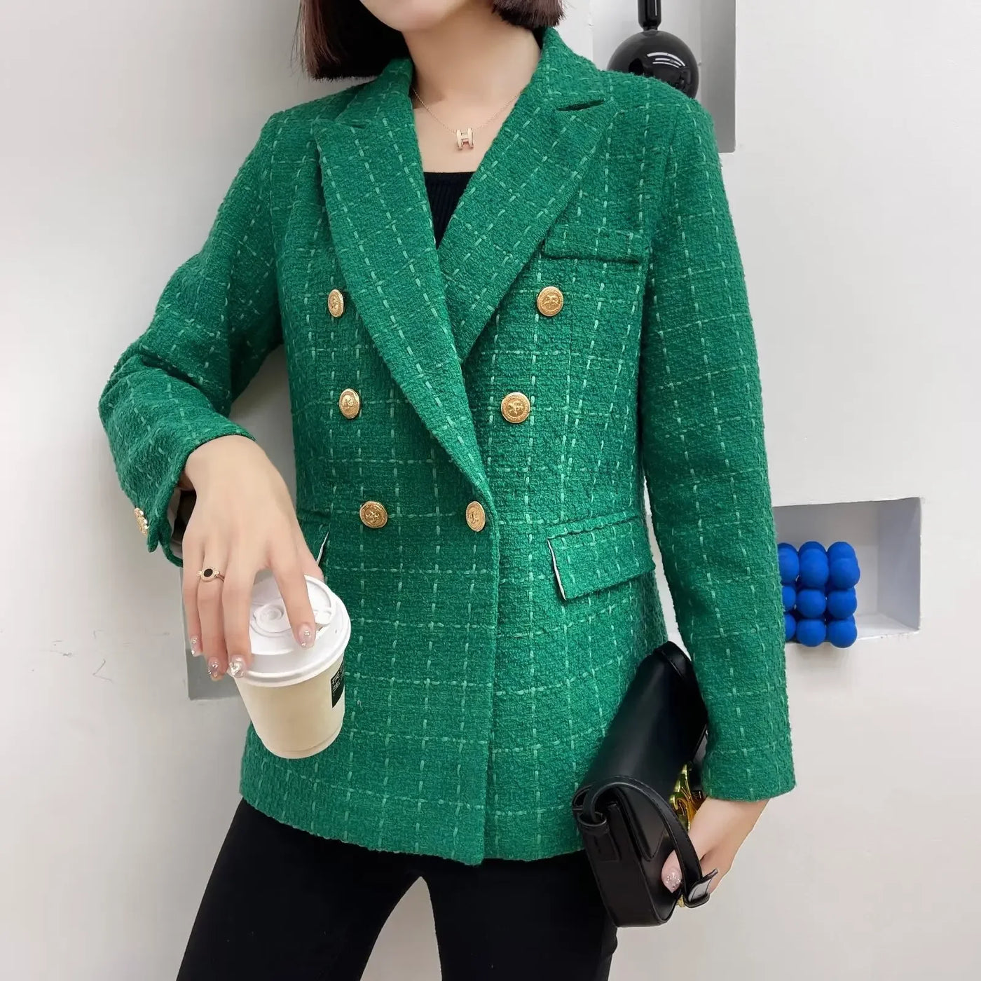 Green Double Breasted Women's Blazer, Beige, Black, Red Women Suit Jacket, Spring Vintage Female Coats