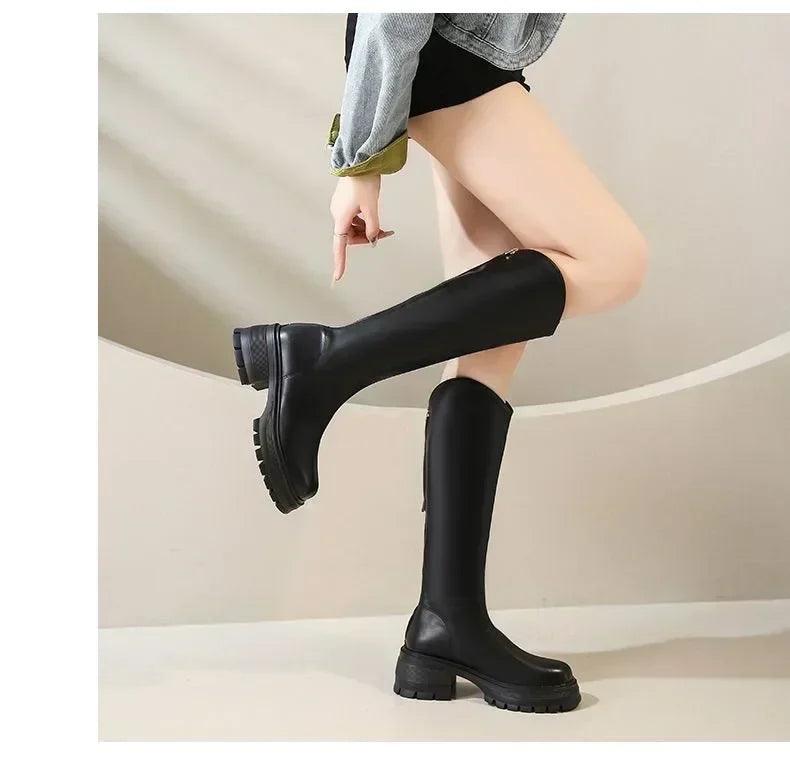 Long tube boots for women 2025 winter new height increasing knight thick heel retro versatile women’s