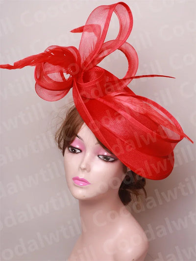 Royal Ascot Red Hair Fascinator Veils Hat Women Church Wedding Fascinaors Hat Headband Feather Derby Headpiece Ladies Chapeau