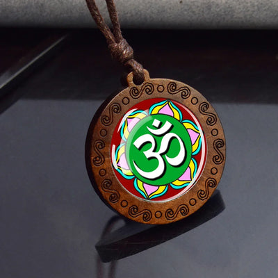 Hinduism Om Symbol Wood Glass Pendant Necklace Yoga Meditation Jewelry