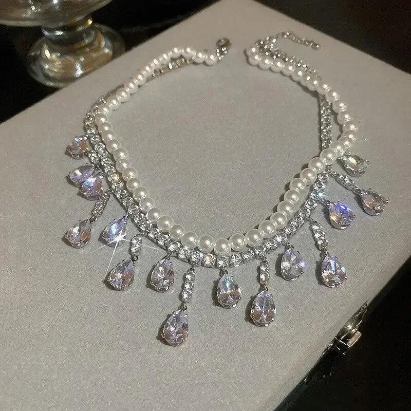 Luxury rhinestone crystal chokers necklaces for women multilayer imitation pearl chain necklace party wedding jewelry