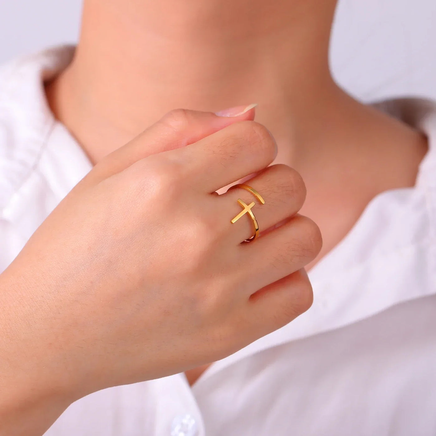 Cazador Christian Cross Open Rings for Women Stainless Steel Christian Jewelry Adjustable Finger Rings Birthday Valentine Gift