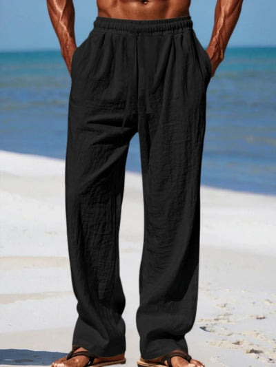 Men's Beach Pants Breathable Loose Straight Trousers Male Summer Casual Solid Color Streetwear Drawstring Long Pants