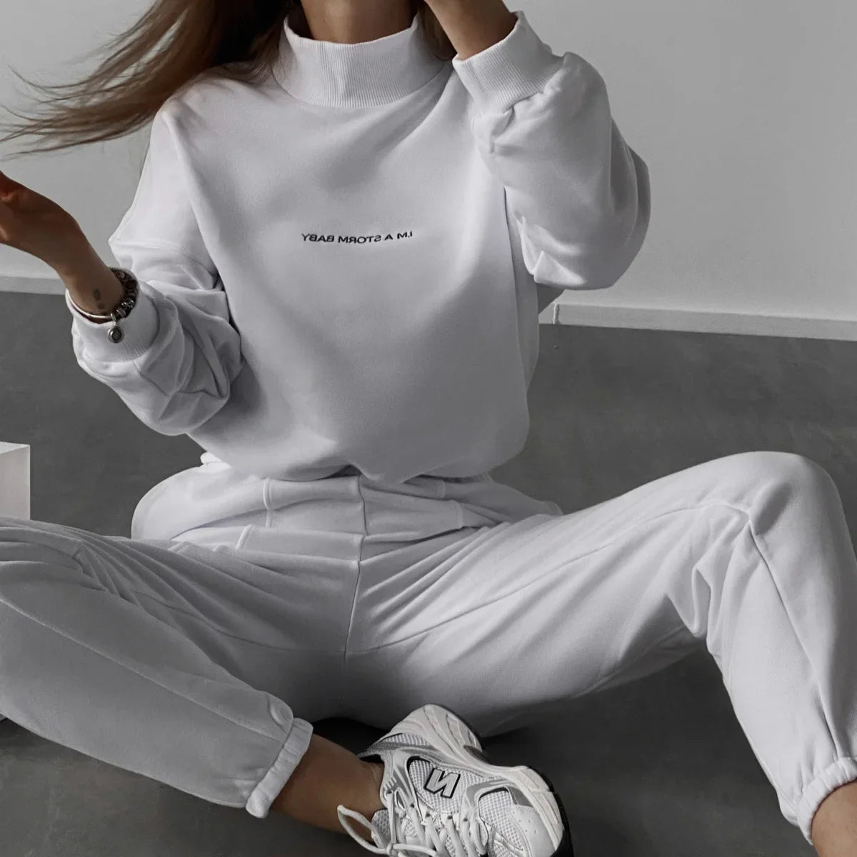 Sweatshirt  pant Women Letter Print Two Piece Set Casual Loose Suit High Waist Trousers Turtleneck Autumn Sweatpants Suits 2025