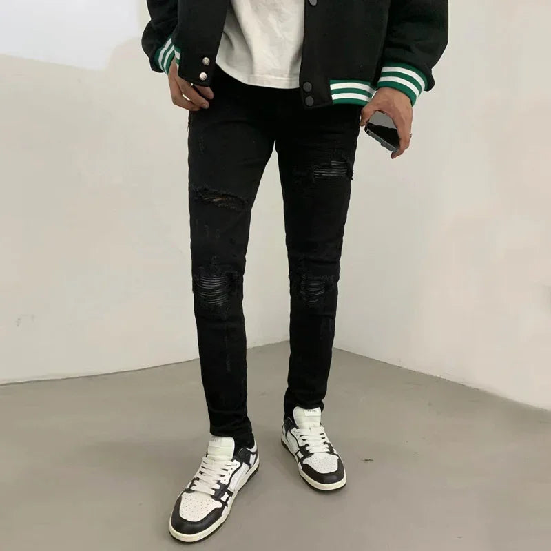 Fashion Designer Men Jeans High Quality Black Stretch Skinny Fit Leather Patched Ripped Jeans Men Y2K Brand Hip Hop Denim Pants