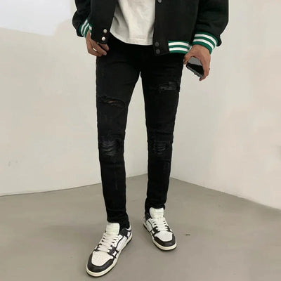 Fashion Designer Men Jeans High Quality Black Stretch Skinny Fit Leather Patched Ripped Jeans Men Y2K Brand Hip Hop Denim Pants