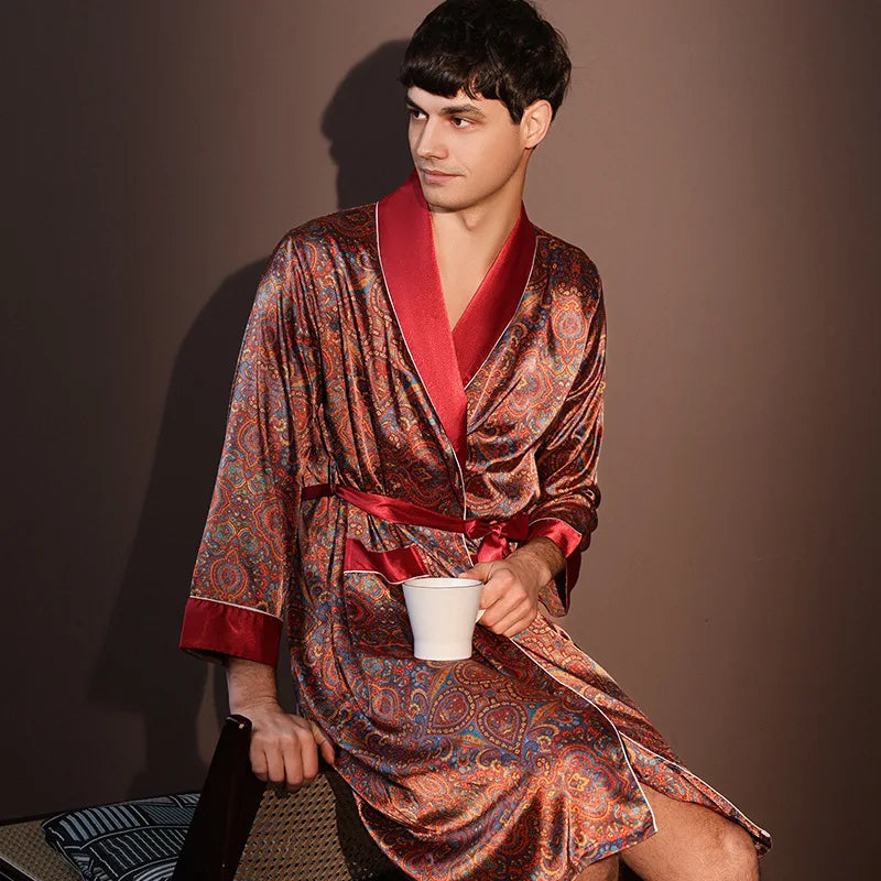 High Quality Nightrobes Men Summer Thin Bathrobe Large Size Ice Silk Printed Pajamas One-piece Robe Male Loungewear Gents Spring
