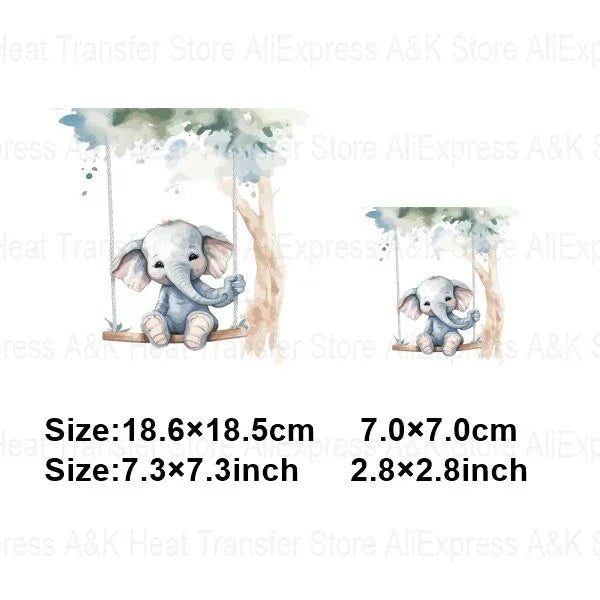 Baby Animal On Swings Heat Transfers For Kids Clothing Elephant Tigers Lion Stickers On Clothes Diy Thermal Patches Decals