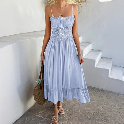 2025 Spring and Summer A-line Skirt Casual Holiday Style Lace Stitching High Waist Suspender Dress Women