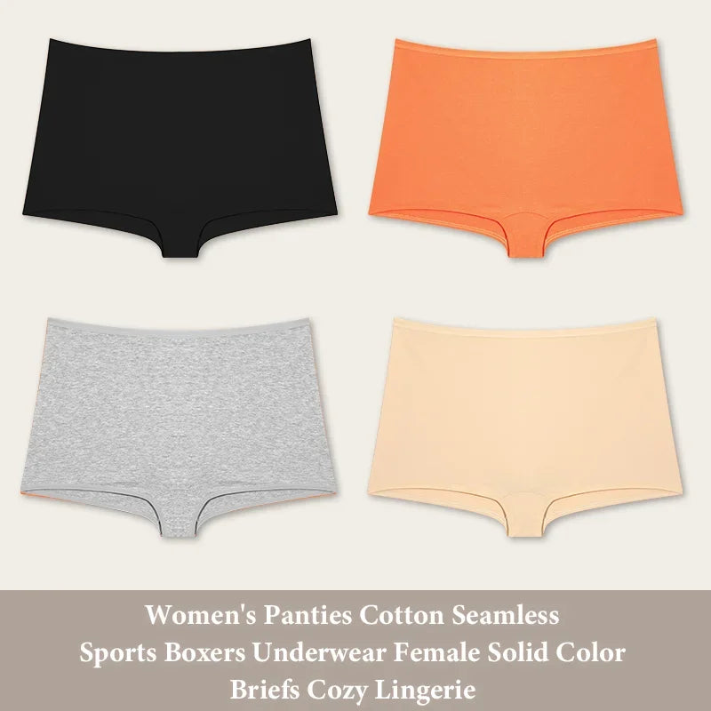 4PCS Women's Panties Cotton Seamless Sports Boxers Underwear Female Solid Color Briefs Cozy Lingerie Intimate Underpants XS-XL