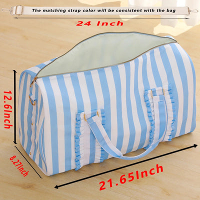 Nylon Duffel Bag Women Ruffle Duffle Gingham Weekend Sports Overnight Travel Vacation Gift Stripe Detachable Adjustable Strap