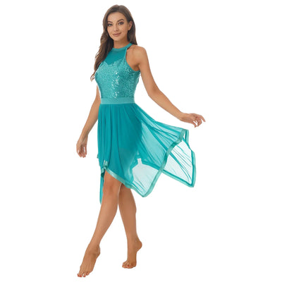 Elegant Ballet Leotards Dance Dress For Women Shiny Sequins Asymmetrical Hem Mesh Lyrical Dresses Prom Performance Costume