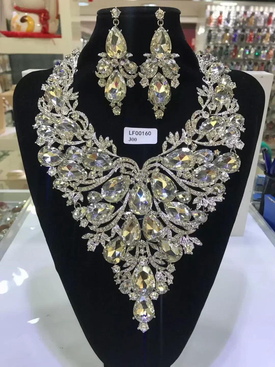 Women luxury necklaces set wedding delicate fashion jewelery crystal rhinestone earrings jewelry sets