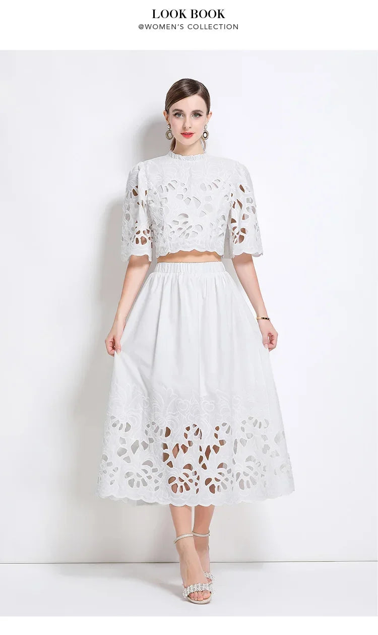 Summer Short Sleeve A-LINE Set Skirt for Women Fashion Ruffled Collar Embroidery Set Skirt Women Vestidos De Verano Mujer Q344