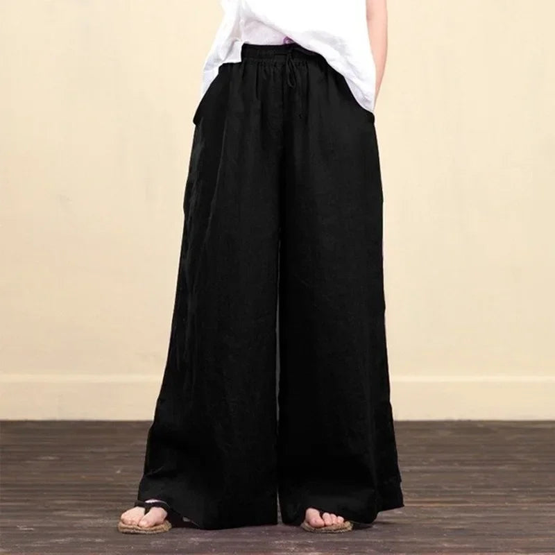 Women Wide Leg Pants Solid Loose Length Pants Cotton Linen Elastic Waist Casual Pants Vintage Mid Waist Pants 5XL
