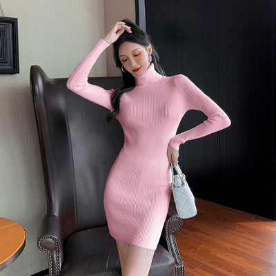 Turtleneck Sweater Dress Women 2025 Autumn Winter New Arrival Knitted Long Sleeve Mini Dress Women Thicken Bodycon Dresses Women