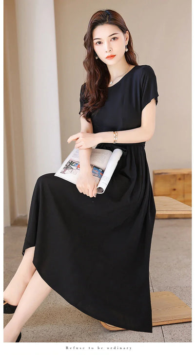 New Fashion Summer Dresses For Women 2025 Elegant Casual Short Sleeve Midi Dress Soild Colour Women Clothing