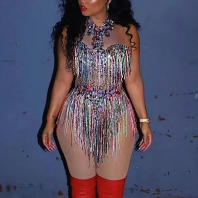 Women Sexy Waist Hollow Bodysuit Colorful Tassel Rhinestone Jumpsuits Holiday Party Dress Ds Dj Nightclub Bar Singer Dance Dress