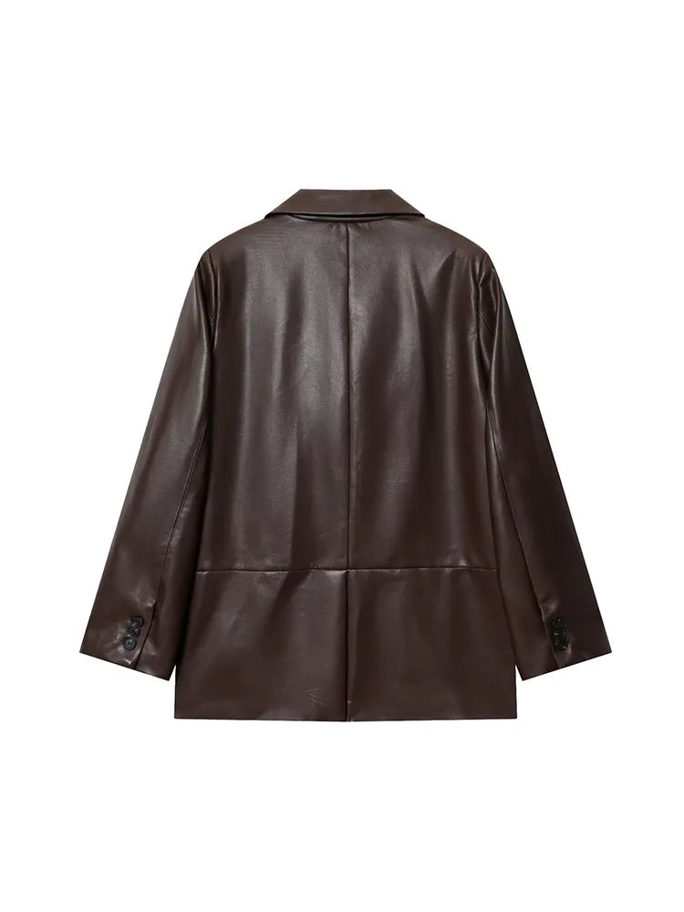 2025 Women Autumn Blazers Coats Casual Solid Loose Leather Single Breasted Female Elegant Street Blazer Outerwear Clothing