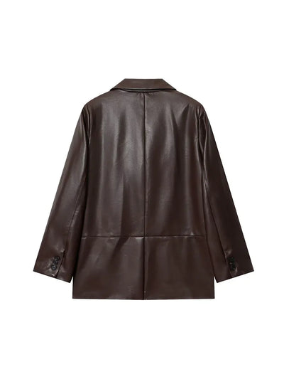 2025 Women Autumn Blazers Coats Casual Solid Loose Leather Single Breasted Female Elegant Street Blazer Outerwear Clothing
